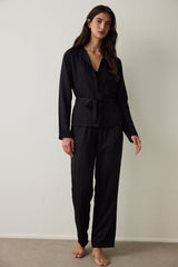 Black Emilia Tie Detailed Satin Shirt Collar Pajama Set