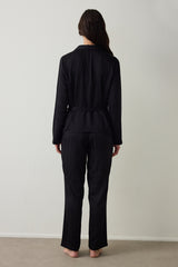 Black Emilia Tie Detailed Satin Shirt Collar Pajama Set