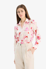 Oversize Fit Shirt Collar Satin Printed Long Sleeve Shirt
