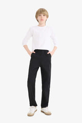 Boys Straight Leg Elastic Waist Pocket Navy Blue Basic Plain Gabardine School Trousers