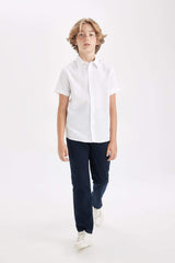 Boys Straight Leg Elastic Waist Pocket Navy Blue Basic Plain Gabardine School Trousers