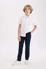 Boys Straight Leg Elastic Waist Pocket Navy Blue Basic Plain Gabardine School Trousers