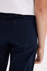 Boys Straight Leg Elastic Waist Pocket Navy Blue Basic Plain Gabardine School Trousers
