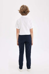 Boys Straight Leg Elastic Waist Pocket Navy Blue Basic Plain Gabardine School Trousers