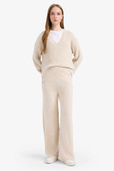 Relax Fit Knitted Trousers Basic Straight Elastic Waist Wide Leg