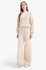 Relax Fit Knitted Trousers Basic Straight Elastic Waist Wide Leg