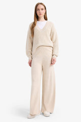 Relax Fit Knitted Trousers Basic Straight Elastic Waist Wide Leg