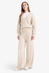 Relax Fit Knitted Trousers Basic Straight Elastic Waist Wide Leg