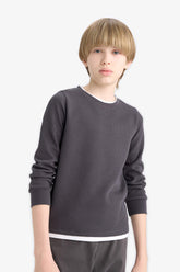 Boys' Crew Neck Basic Plain Waffle Long Sleeve School T-Shirt