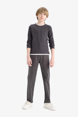 Boys' Crew Neck Basic Plain Waffle Long Sleeve School T-Shirt