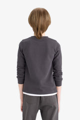 Boys' Crew Neck Basic Plain Waffle Long Sleeve School T-Shirt