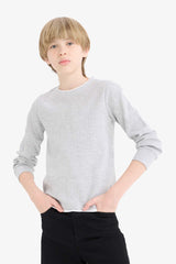Boys' Crew Neck Basic Plain Waffle Long Sleeve School T-Shirt