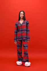 Pajama Set Regular Fit Flannel Plaid Long-Sleeved Top and Long Bottoms