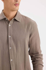 Regular Fit Polo Collar Muslin Long Sleeve Shirt