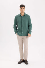 Regular Fit Polo Collar Muslin Long Sleeve Shirt