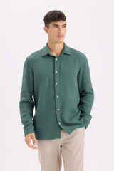 Regular Fit Polo Collar Muslin Long Sleeve Shirt