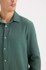 Regular Fit Polo Collar Muslin Long Sleeve Shirt