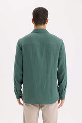 Regular Fit Polo Collar Muslin Long Sleeve Shirt