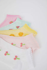Girls 5-Pack Cotton Cherry and Flower Patterned Ankle Socks