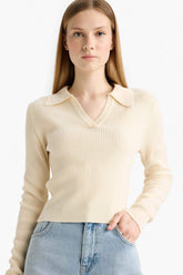 Slim Fit Narrow Cut Polo Collar Knit Sweater