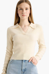 Slim Fit Narrow Cut Polo Collar Knit Sweater