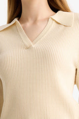 Slim Fit Narrow Cut Polo Collar Knit Sweater