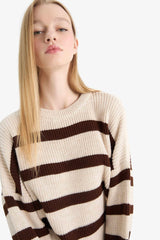 Oversize Wide Pattern Crew Neck Striped Knitwear Sweater