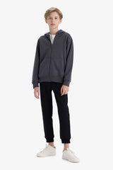 boys Basic Plain School Zippered Hooded Sweatshirt