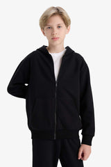 boys Basic Plain School Zippered Hooded Sweatshirt