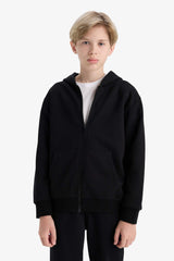 boys Basic Plain School Zippered Hooded Sweatshirt