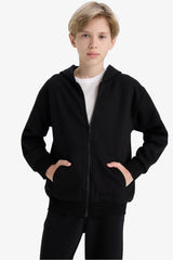 boys Basic Plain School Zippered Hooded Sweatshirt