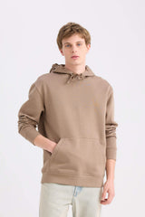 Regular Fit Hooded Kangaroo Pocket Soft Furry Basic Plain Sweatshirt