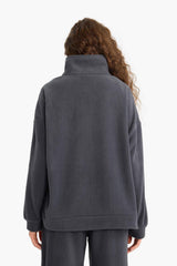 Oversize Wide Fit Stand Collar Zippered Printed Polar Fleece Sweatshirt