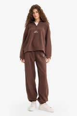 Oversize Wide Fit Stand Collar Zippered Printed Polar Fleece Sweatshirt