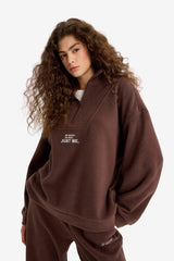 Oversize Wide Fit Stand Collar Zippered Printed Polar Fleece Sweatshirt