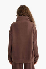 Oversize Wide Fit Stand Collar Zippered Printed Polar Fleece Sweatshirt