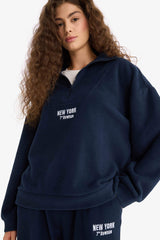 Oversize Wide Fit Stand Collar Zippered Printed Polar Fleece Sweatshirt