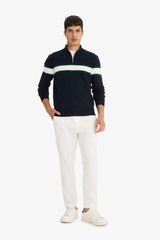 Standard Fit Stand Collar Zippered Color Block Knitwear Sweater