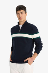 Standard Fit Stand Collar Zippered Color Block Knitwear Sweater