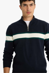 Standard Fit Stand Collar Zippered Color Block Knitwear Sweater