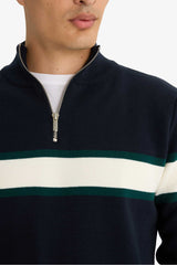 Standard Fit Stand Collar Zippered Color Block Knitwear Sweater