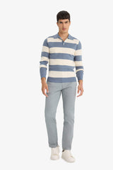 Standard Fit Polo Collar Buttoned Color Block Knit Sweater