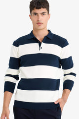 Standard Fit Polo Collar Buttoned Color Block Knit Sweater