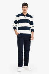 Standard Fit Polo Collar Buttoned Color Block Knit Sweater