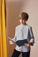 Boys 23 April Children's Day Upright Collar Linen Look Long Sleeve Basic Plain Shirt