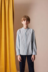 Boys 23 April Children's Day Upright Collar Linen Look Long Sleeve Basic Plain Shirt