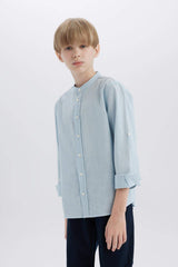 Boys 23 April Children's Day Upright Collar Linen Look Long Sleeve Basic Plain Shirt