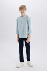 Boys 23 April Children's Day Upright Collar Linen Look Long Sleeve Basic Plain Shirt