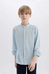 Boys 23 April Children's Day Upright Collar Linen Look Long Sleeve Basic Plain Shirt