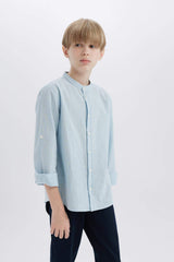 Boys 23 April Children's Day Upright Collar Linen Look Long Sleeve Basic Plain Shirt